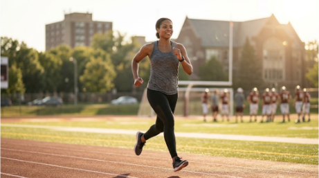 A female athlete jogging along an outdoor track near a football field during early autumn sunset with football players gathered on the field in the background.